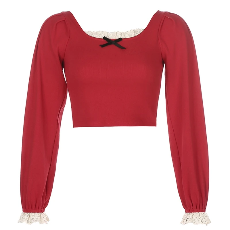 

Women French Vintage Puff Sleeve T Shirt Sexy Square Neck Ribbed Slim Crop Top Sweet Bow Ruffle Lace Splicing Streetwear
