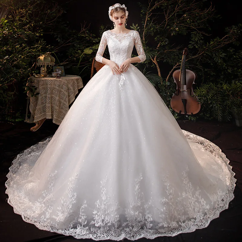 

Wedding Dress Fashion O-Neck Embroidery Three Quarter Sleeve Lace Up Sequins Floor-Length Plus Size Wedding Gowns For Women G199