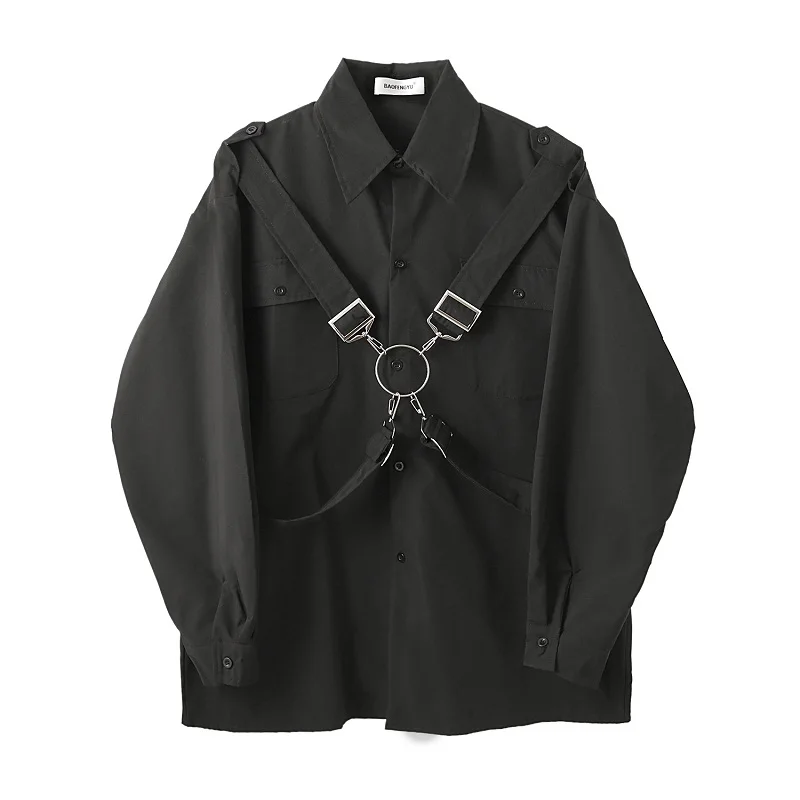 

Male Streetwear Hip Hop Shirt Stage Clothing Men Bandage Function Style Black White Long Sleeve Casual Loose Shirt