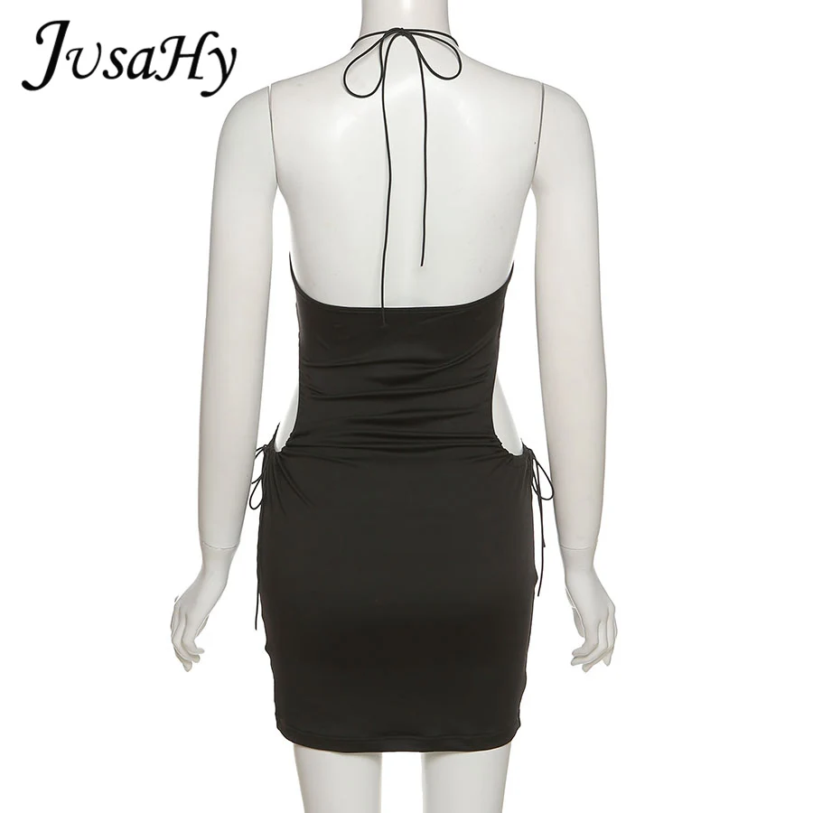 

JuSaHy Sexy Hollow Out Black Mini Dress for Women Summer Sleeveless Halter Drawstring Midnight Party Clubwear Female Vestidos