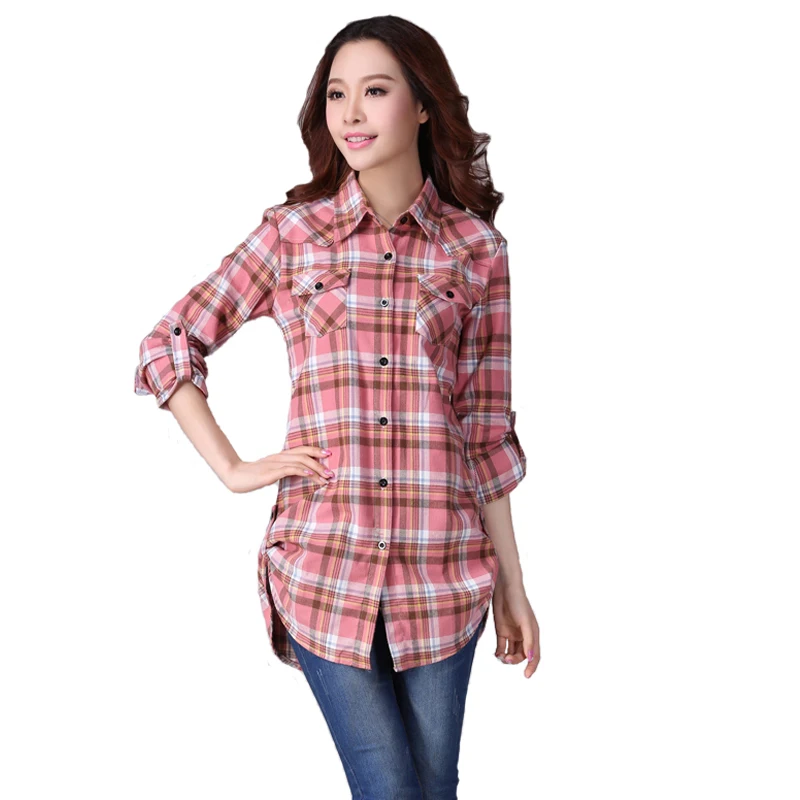 

Женская рубашка на осень и зиму, Женская Повседневная хлопковая клетчатая облегающая верхняя одежда с отложным воротником и длинным рукаво...