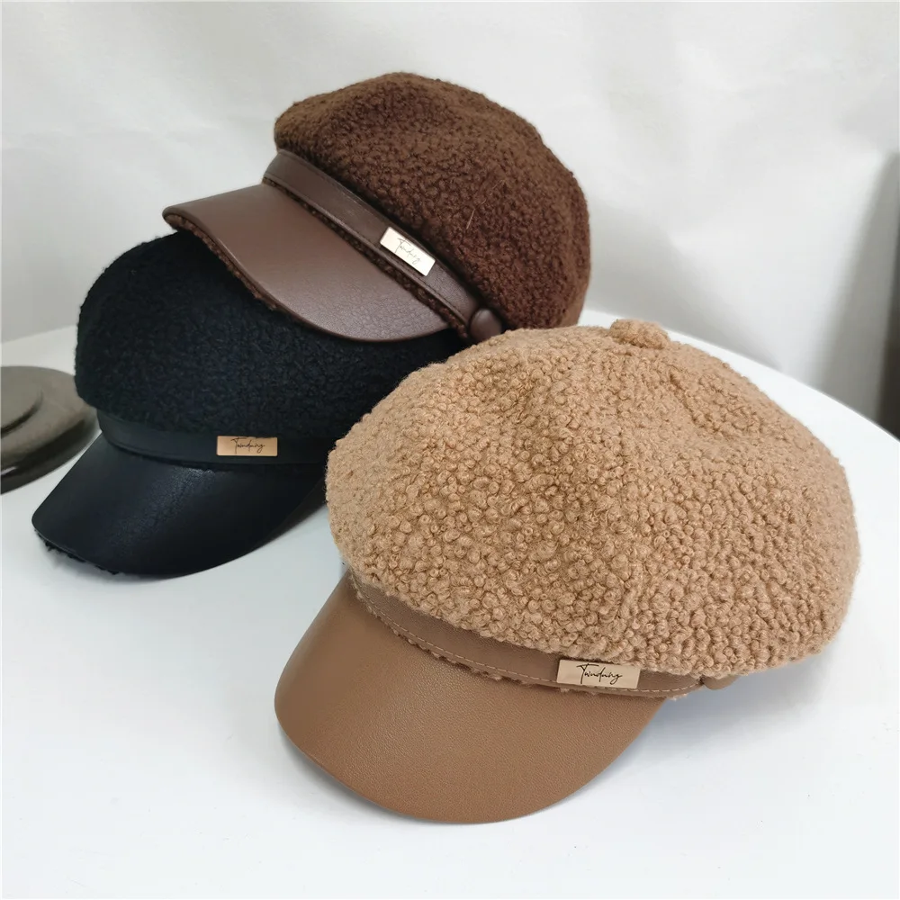 

Han Edition Leisure Fashion Hat Female Lamb Flocking Octagonal Cap In The Fall And Winter Plush Skin Along The Painter Hat Beret