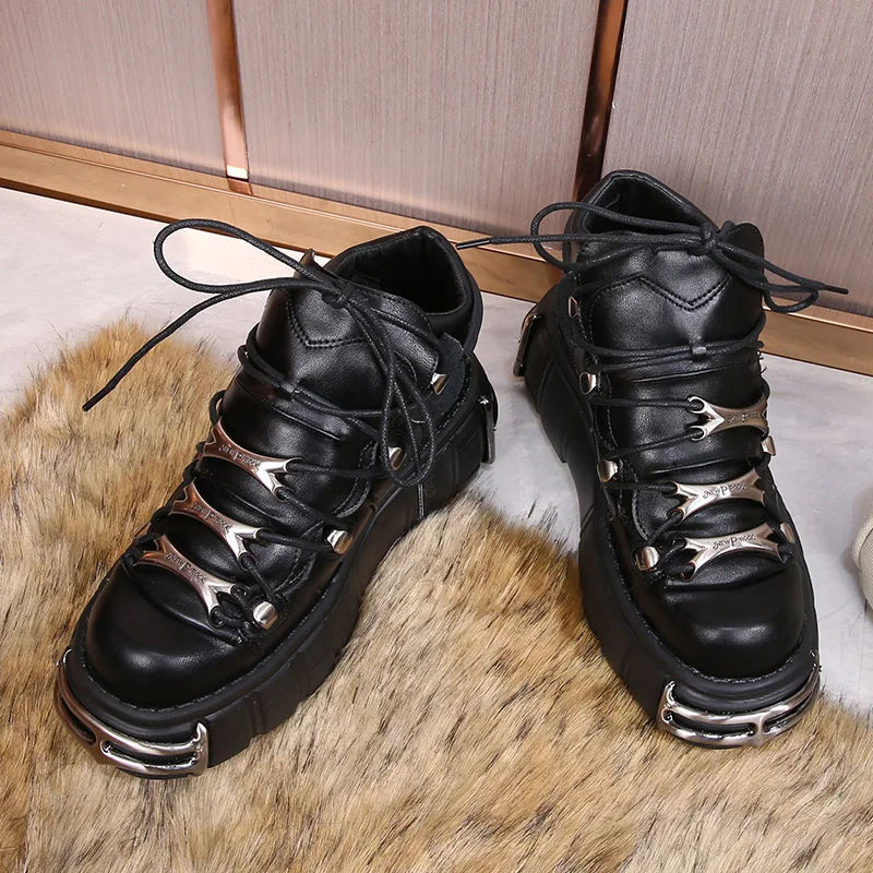 Punk Style Women Sneakers Lace-up 6CM Platform Shoes Woman Creepers Female Casual Flats Metal Decor Motorcycle Shoes Fashion