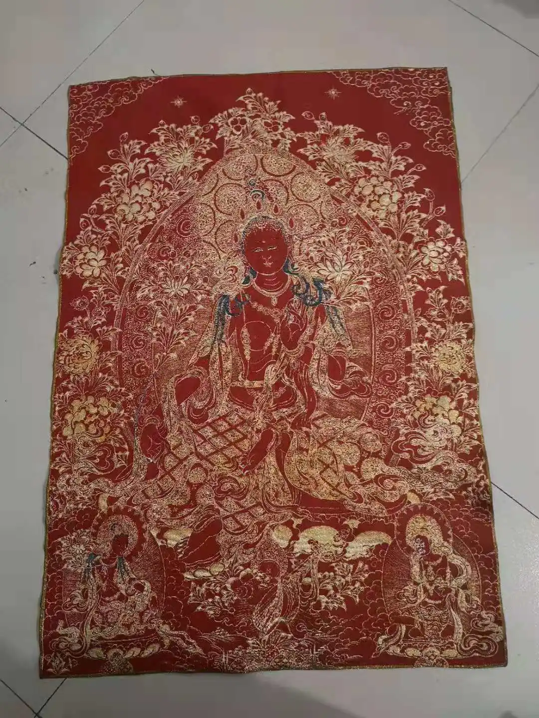 Зеленая Тара красная парчовая картина Thangka шелковая изысканная вышивка - купить