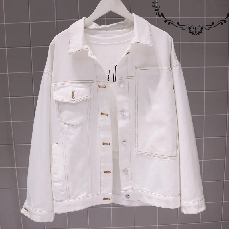 

Harajuku White Denim jacket Chic Big pocket design Autumn Women Jean jacket Korean Loose Kurtka jeansowa damska Casual Fashion