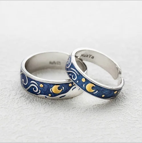 

Yihang Van Gogh Starry Sky Couple Ring Women's Korean-Style Fashionable Elegant Navy Blue Bracelet Adjustable Ring