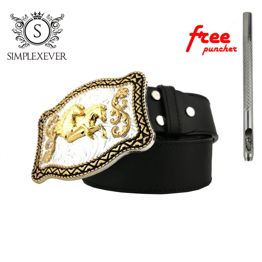 Западной золотой лошадь мужской ремень с металлической пряжкой в ковбойском