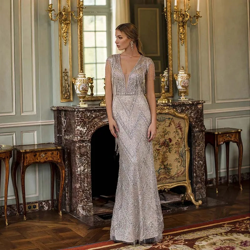 

Couture 2020 Luxury Rhinestones Long Evening Dresses Mermaid Deep V Neck Beaded Evening Gown Pageant Cap Sleeve YQLNNE