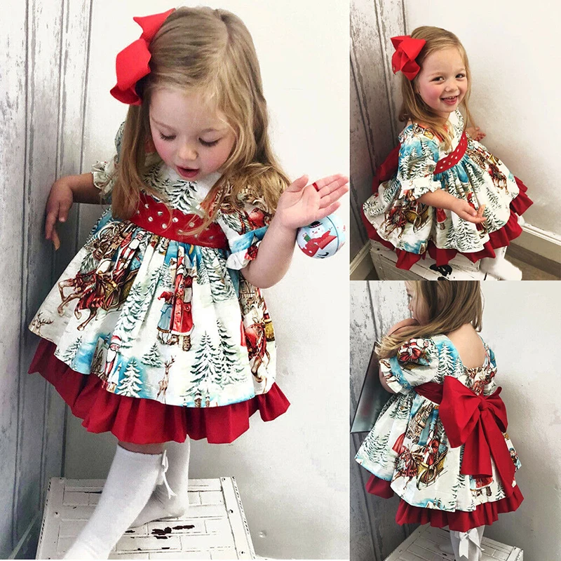 

New Product Creative Girl Christmas Dresses Children's Princess Dress Santa Claus Print Big Bow Skirt Girl Dress Children Skirt