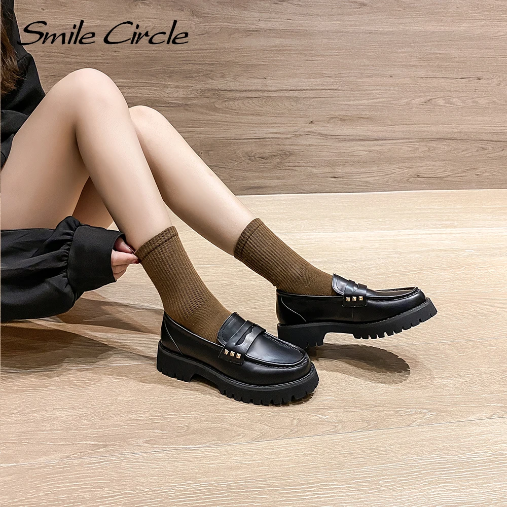 

Smile Circle Loafers women shoes Summer Cow Leather Fashion Comfortable Middle heel Thick bottom Ladies Lazy Shoes 2021