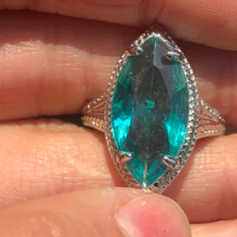 Старинный зеленый камень маркиза большие кольца для женщин Серебряный Цвет