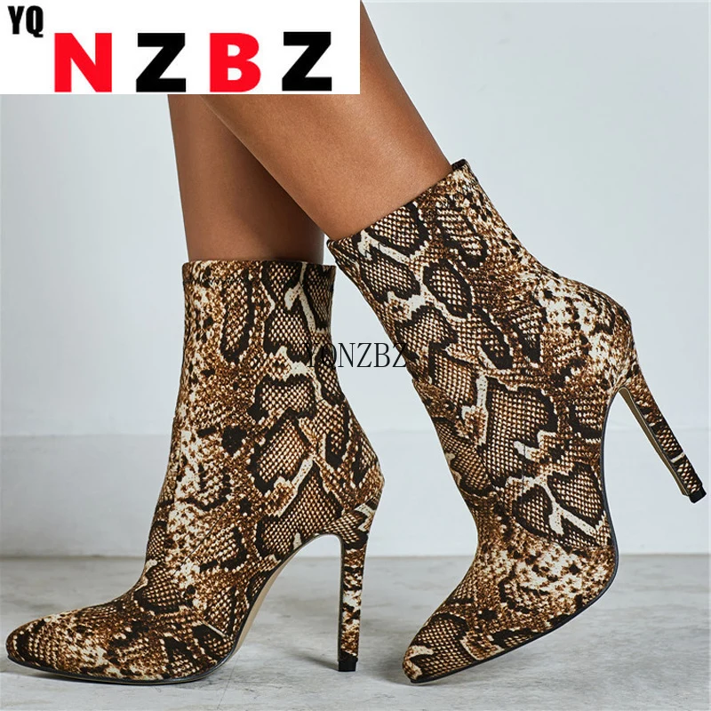 

YQNZBZ 2021 New Leopard grain Serpentine Boots Women High Heel Boot Pointed Toe Sexy Zip Shoes Female Ankle Boots Size 41 42