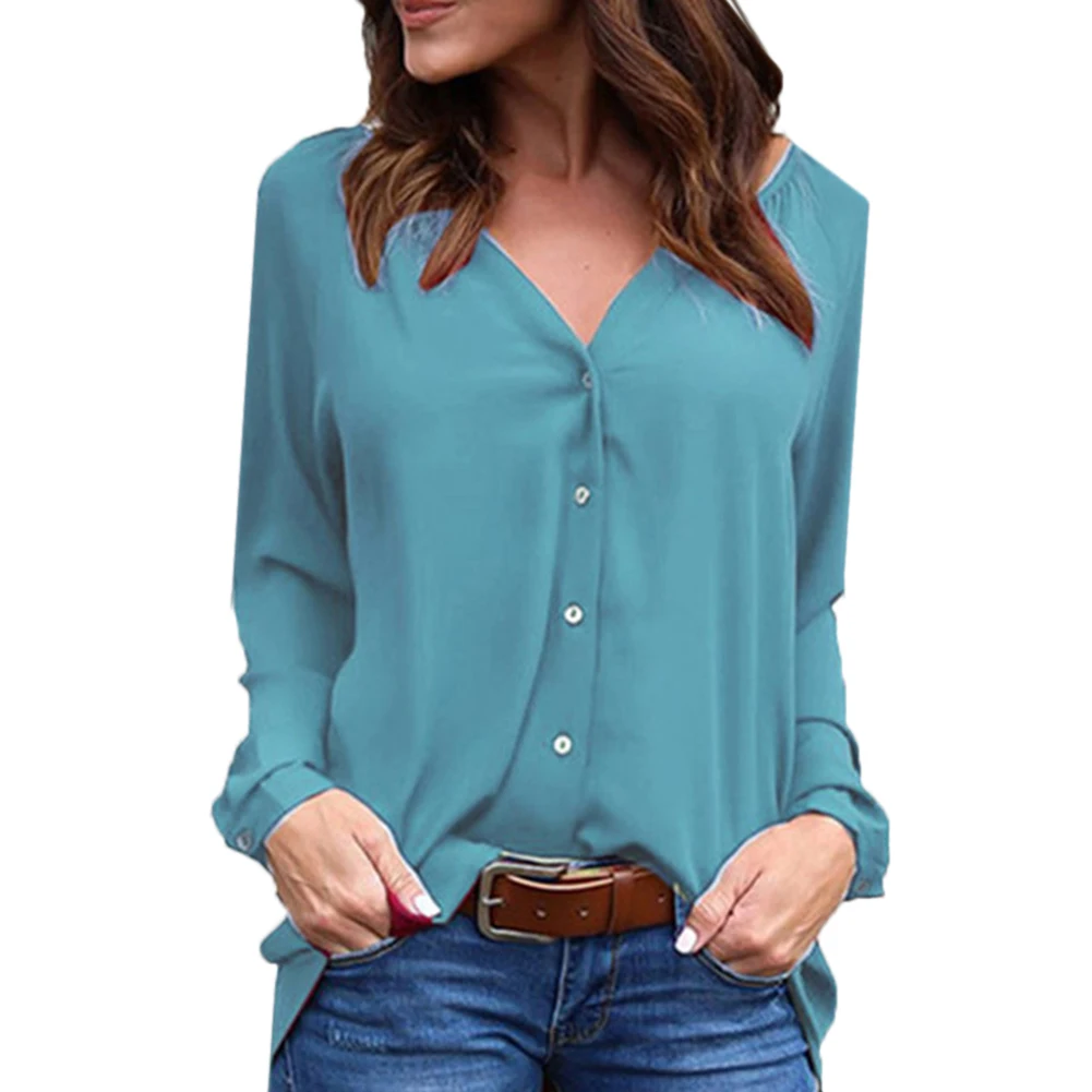 

Fashion Plus Size Women Blouse Top Casual All-Match Solid Color Button Loose Long Sleeve V-Neck Blouse Shirt