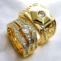 luxury gold wedding rings set fashion hexagon filled white zircon rings women mens wedding rings lovers jewelry accessories