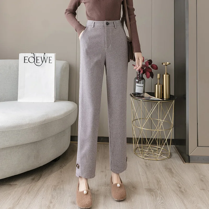 

Elastic High Waisted Woolen Plaid Trousers Women Wide Leg Suit Pants For Women 2020 New Loose Straight Casual Korean Pants Femme