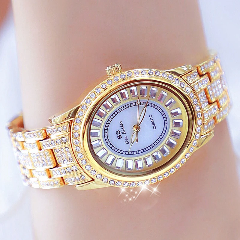 

Full Diamond Watch Women BS Rhinestone Bracelet Watch Ladies Elegant Oval Dial Gold Waterproof Watches Famale Clock Montre Femme