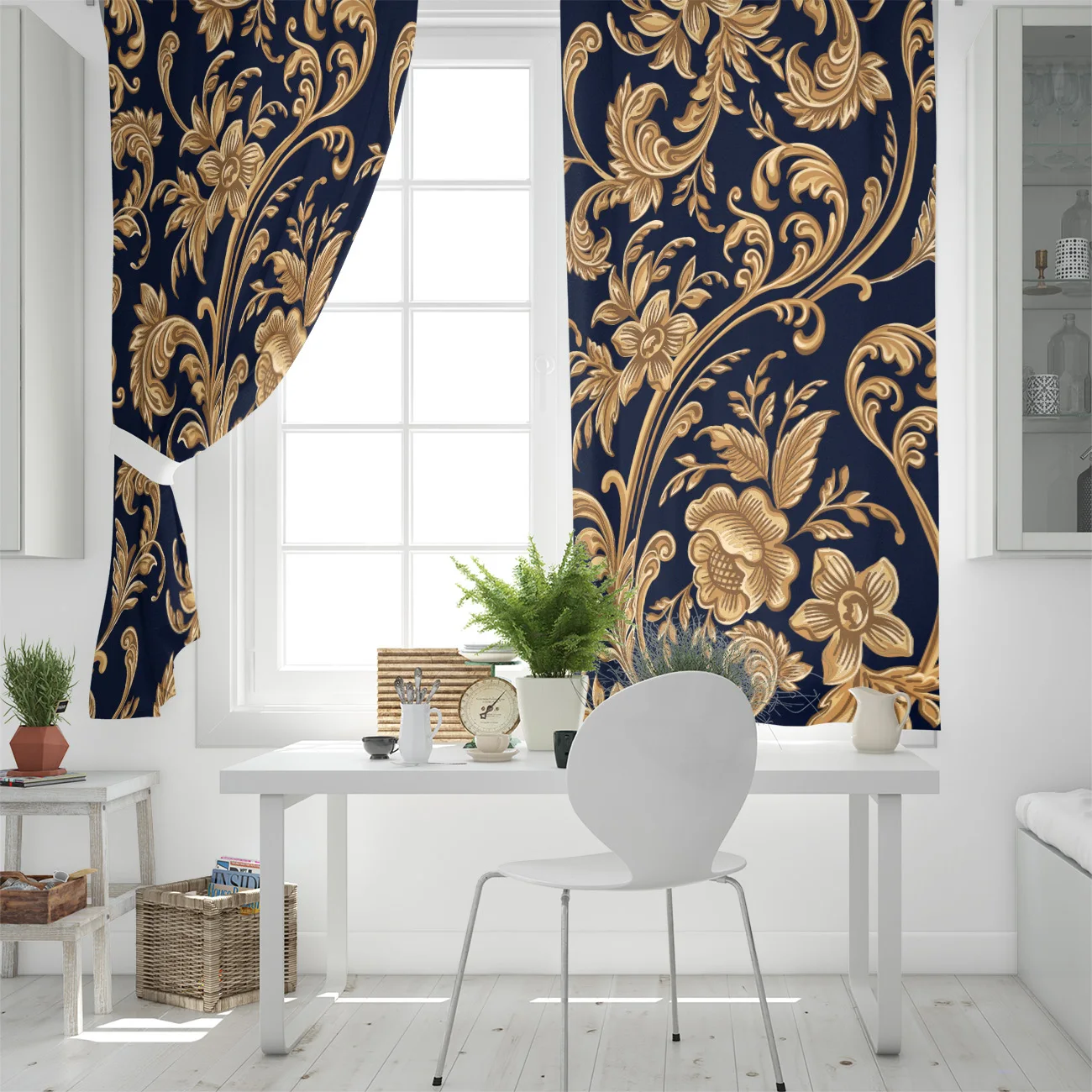 Великолепные оконные занавески в стиле барокко с золотыми цветами и листьями