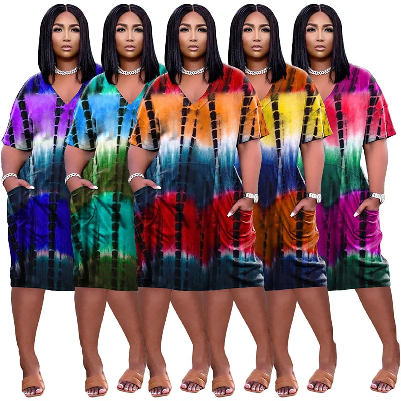 

ZKYZWX Sexy Plus Size Tie Dye Short Sleeve Dress Summer Clothes for Women Vacation Outfits Loose Pocket Streetwear Club Dresses
