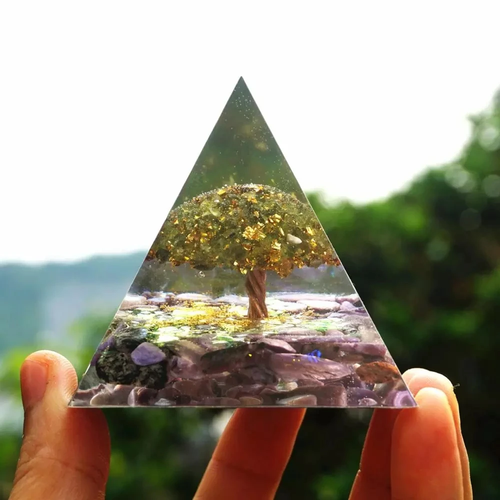 

Runes Tree of Life Orgone Pyramid Energy Chakra Reiki Meditaiton Tool~Peridot With Charoite Natural Crystal Stones EMF Orgonite