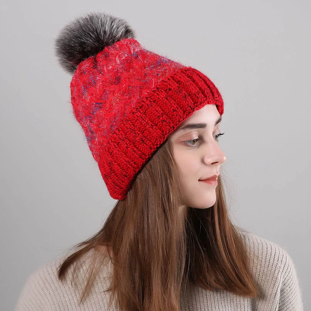 FS стиль зимние шапки для женщин Мех животных Pom Beanie вязаный Skullies Красный розовый плюс бархат открытый уха головы теплые шапки с помпоном
