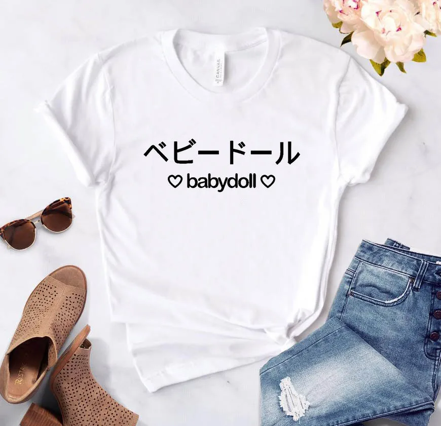 Babydoll, японская, розовая, с буквенным принтом, женская футболка, повседневная, хлопок, хипстер, забавная футболка для девочек, топ, футболка, 8 цветов, Прямая поставка, BA-201 - Цвет: white-black letter