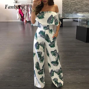 2021 Весна принт с открытыми плечами комбинезон женский элегантный оборками Свободные штанины ползунки; Модные офисные женские туфли на каждый день комбинезоны с карманами