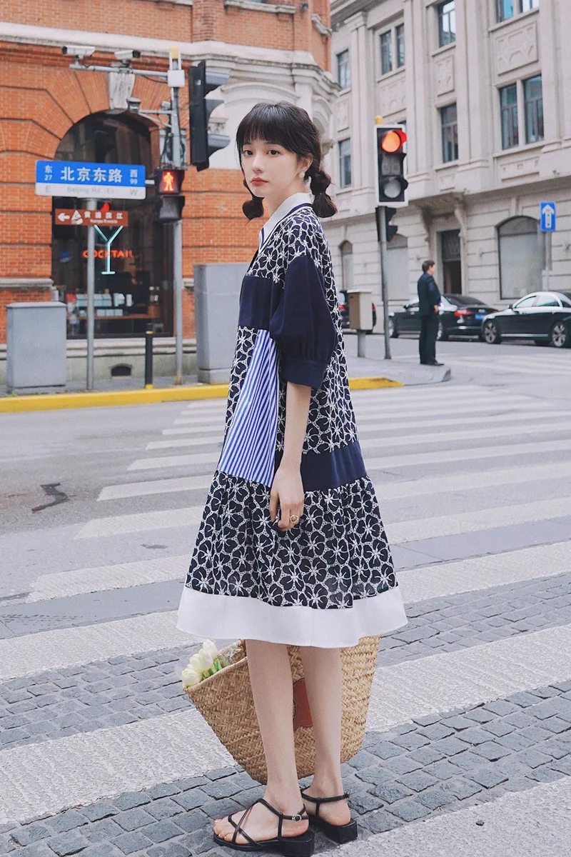 

Summer Women Fashion Splice Embroidery Loose Short Sleeve Vintage French Style Mid-long Dresses Elegant Peter Pan Collar Dress