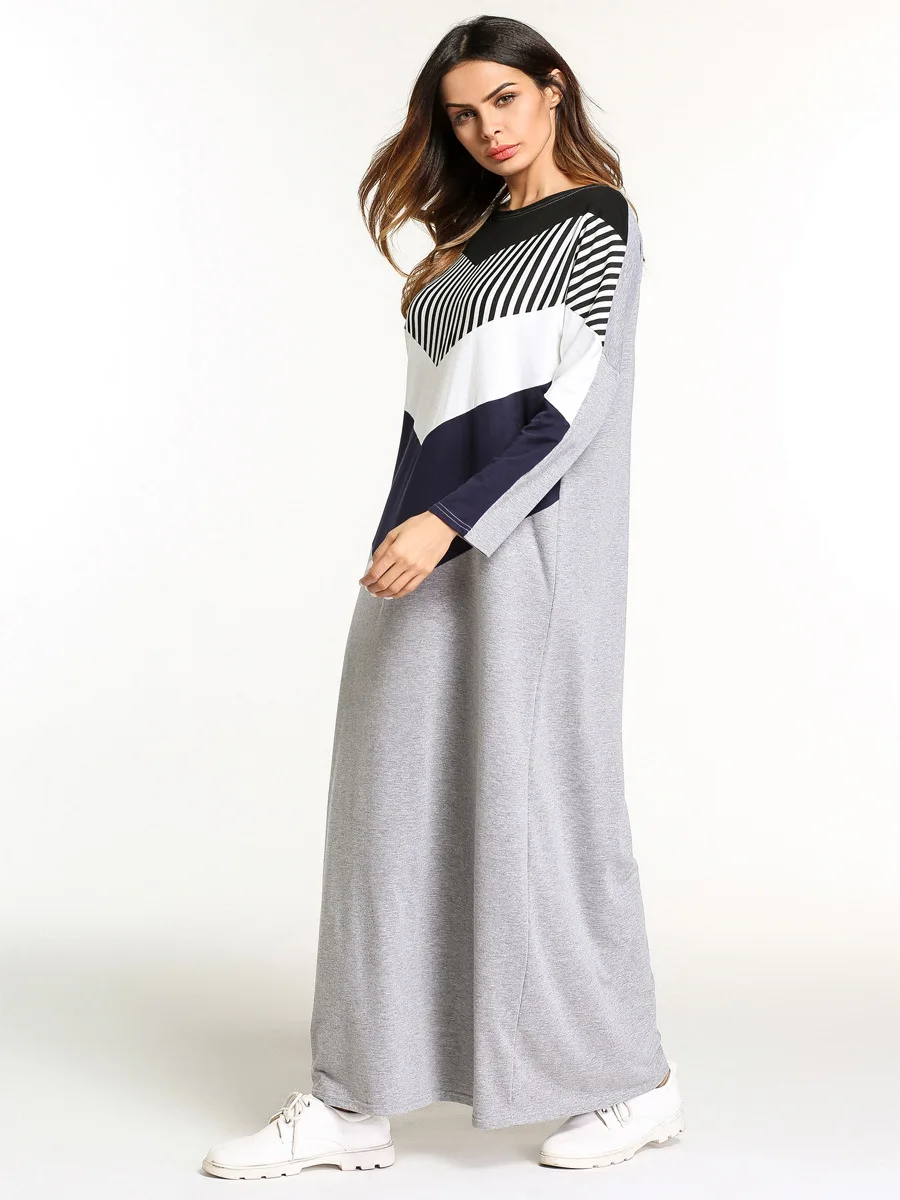 Женское осеннее платье длинная юбка с круглым вырезом контрастная полоска |
