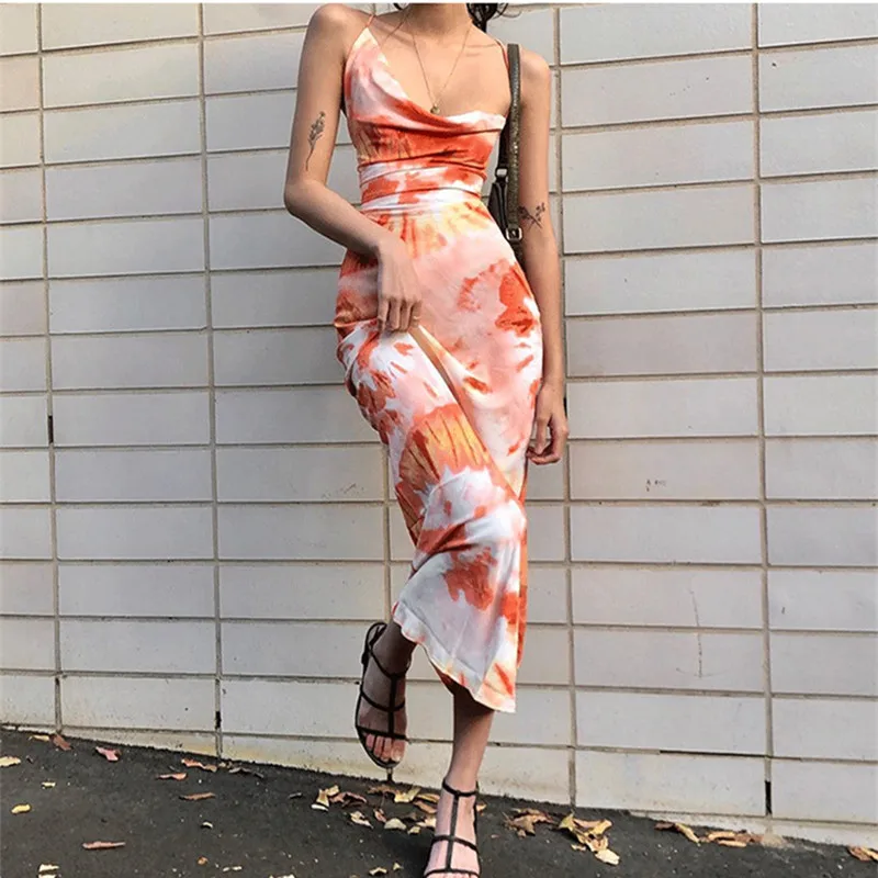

Women's fashion summer tie-dye printing sexy back cross strap mid-length suspender dress beach long dress women's street wear
