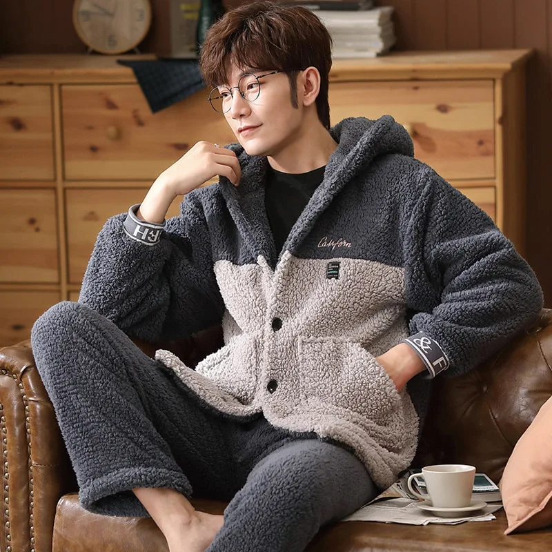 

Pajamas men's winter long-sleeved coral fleece with velvet padded warm home clothes Silk Flannel Home Satin Soft Plush