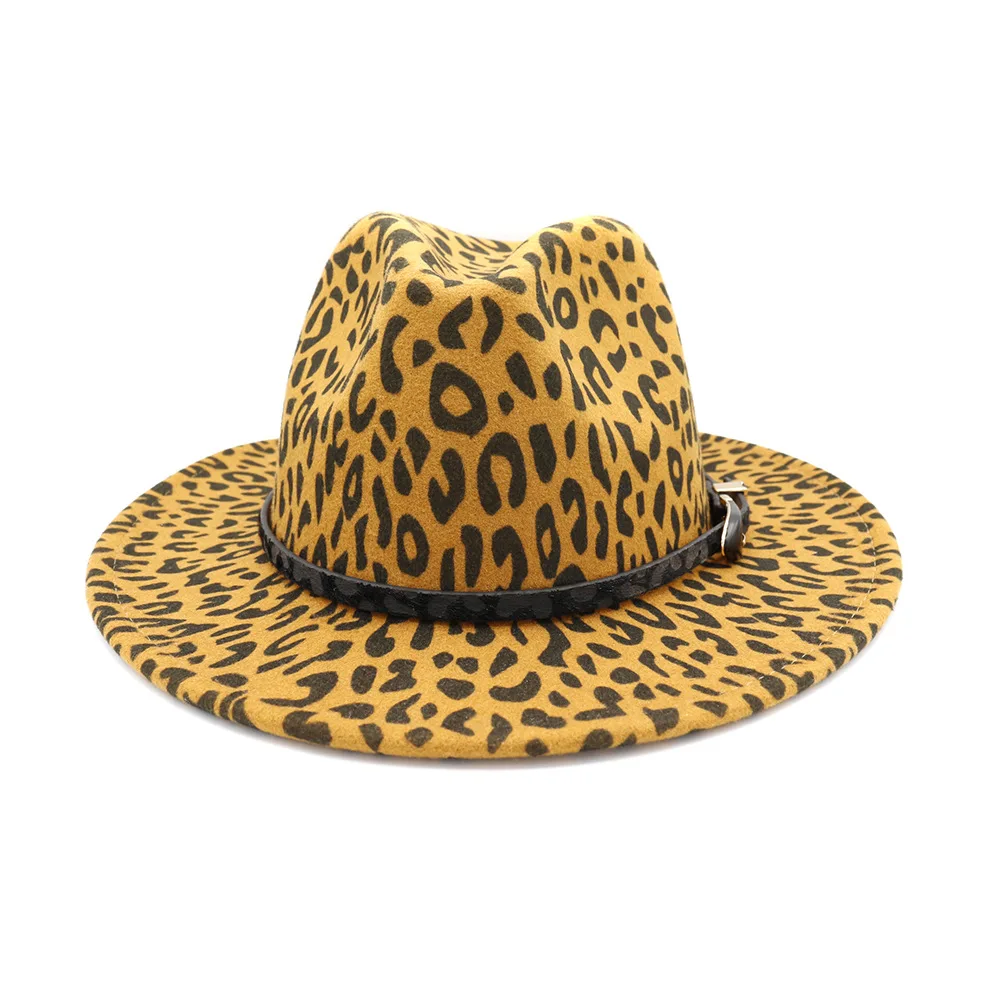 Женская федора в стиле джаз с леопардовым принтом и плоскими полями из фетра HanXi Men с имитацией шерсти и основанием из искусственной кожи.