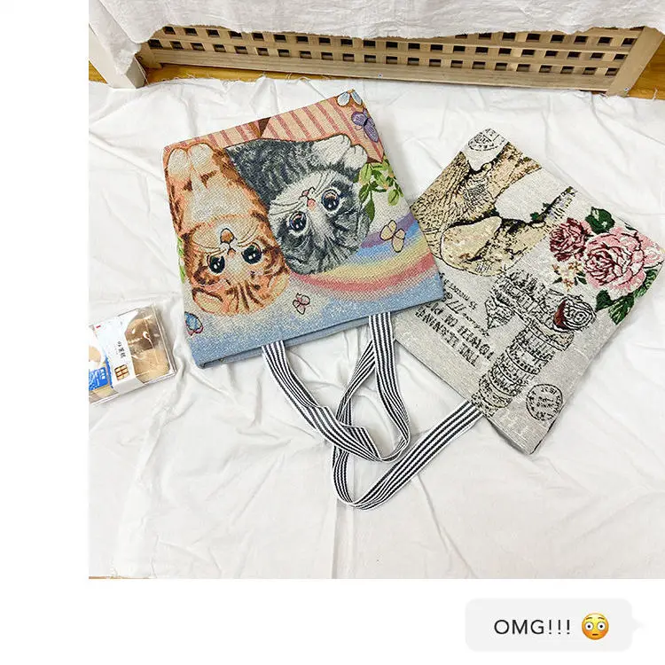 

New Fashion Women Handbag Durable Canvas Shoulder Bag Fashion Cartoon Printing Girls School Bag Shopping Bag Cartoon Cat