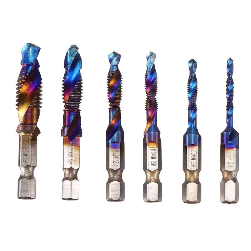 

6Pcs M3-M10 Combination Drill Tap Bit Hex Shank Blue Coated Deburr Countersink Bits Screw Thread Metric Tap