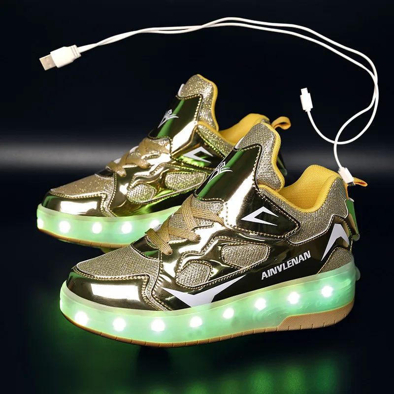 

Children Two Wheels Luminous Glowing Sneakers Black Pink Red Led Light Roller Skate Shoes Kids Led Shoes Boys Girls USB Charging