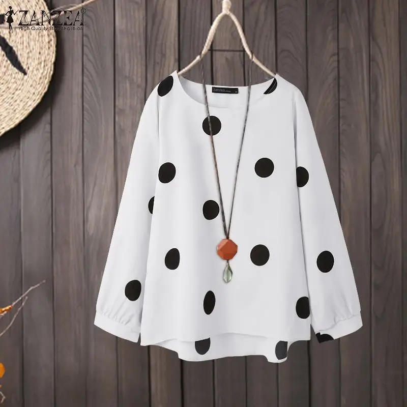 

Kaftan Printed Polka Dots Tops Casual Long Sleeve Blusas Female O Neck Tunic Chemise ZANZEA 2022 Women Autumn High Low Blouses