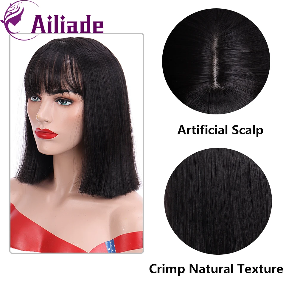 AILIADE Synthetic Straight Short Bob With Bangs Wigs For Women Medium Length Natural Black Heat Resistant False Hair | Шиньоны и парики
