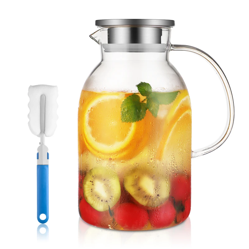 

Large Glass Water Jug With Stainless Steel Lid Iced Tea Pot Juice Carafe Heat Resistant Kettle Beverage Container 2200ml
