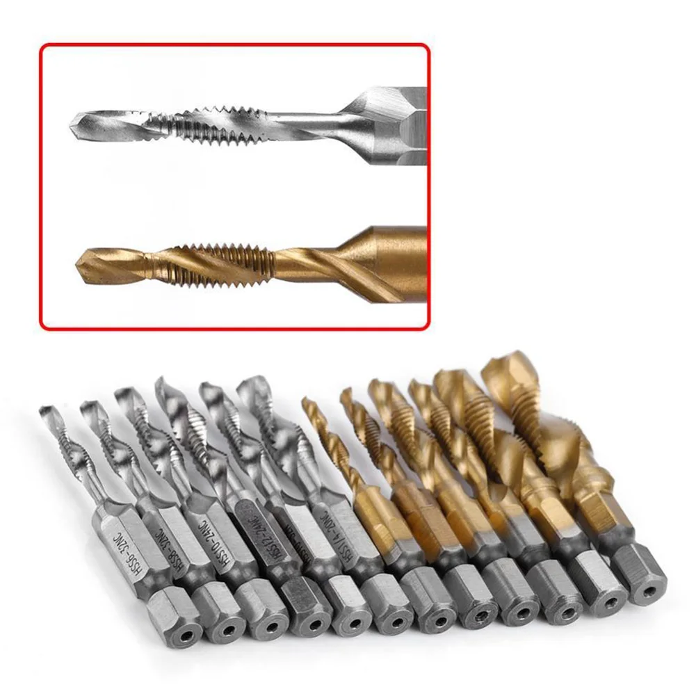 

12pcs High Hardness Metric Inch Hex Shank Home Multifunctional HSS -M10 Spiral Rustproof Screw Lathe Drill Bits Thread Tap Set