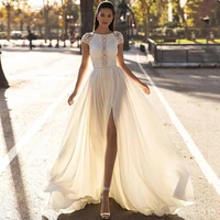 vestidos sexy wedding dresses chiffon pleat slide split o neck short sleeve backless a line bridal gowns novia do 2021