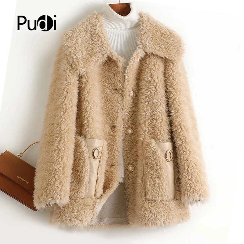

Pudi women real wool fur coat jacket 2020 Ins new female winter sheep fur jackets coats parka trench A10030