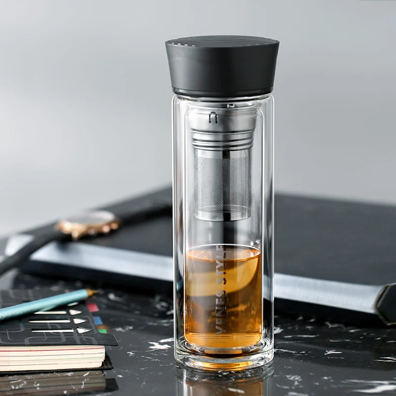 Двойная стеклянная бутылка для воды с чайной перегородкой из нержавеющей стали