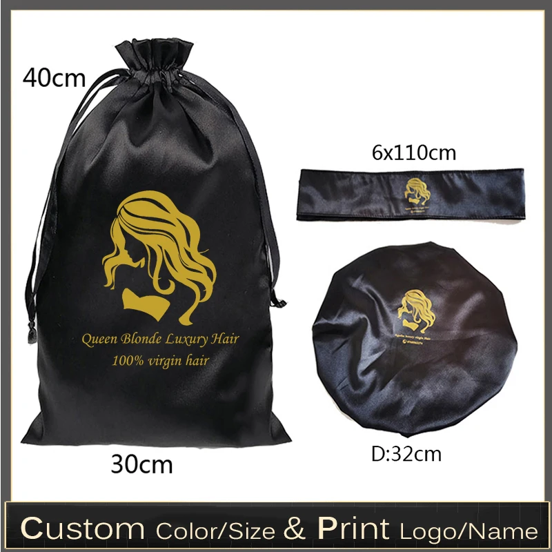 

Custom Logo Silk Satin Virgin Hair Extensions Packaging Bag/Bonnet/Wrap/Headband/Cap 18x30/30x40cm Drawstring Gift Bag