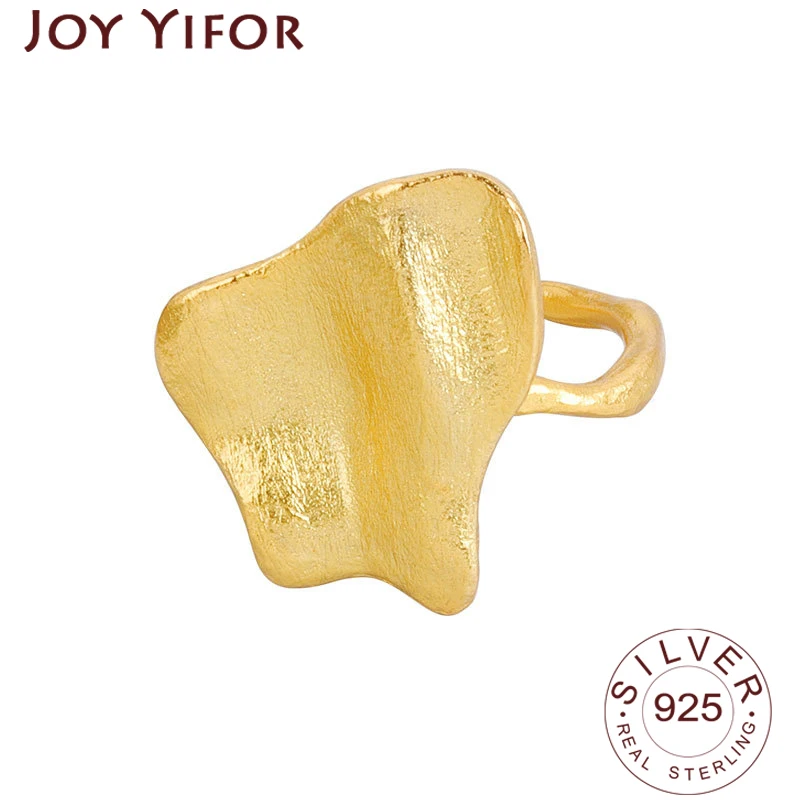 

925 Sterling Silver New Leaf Shape Matte Gold Color Rings Retro Distressed Opening Handmade Ring Fashion Fine Jewelry