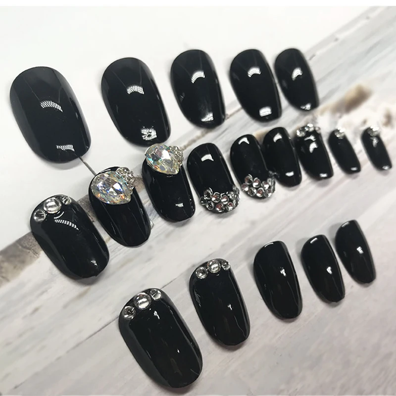 3D украшения для ногтей блестящие черные круглые искусственные ногти с клеем |