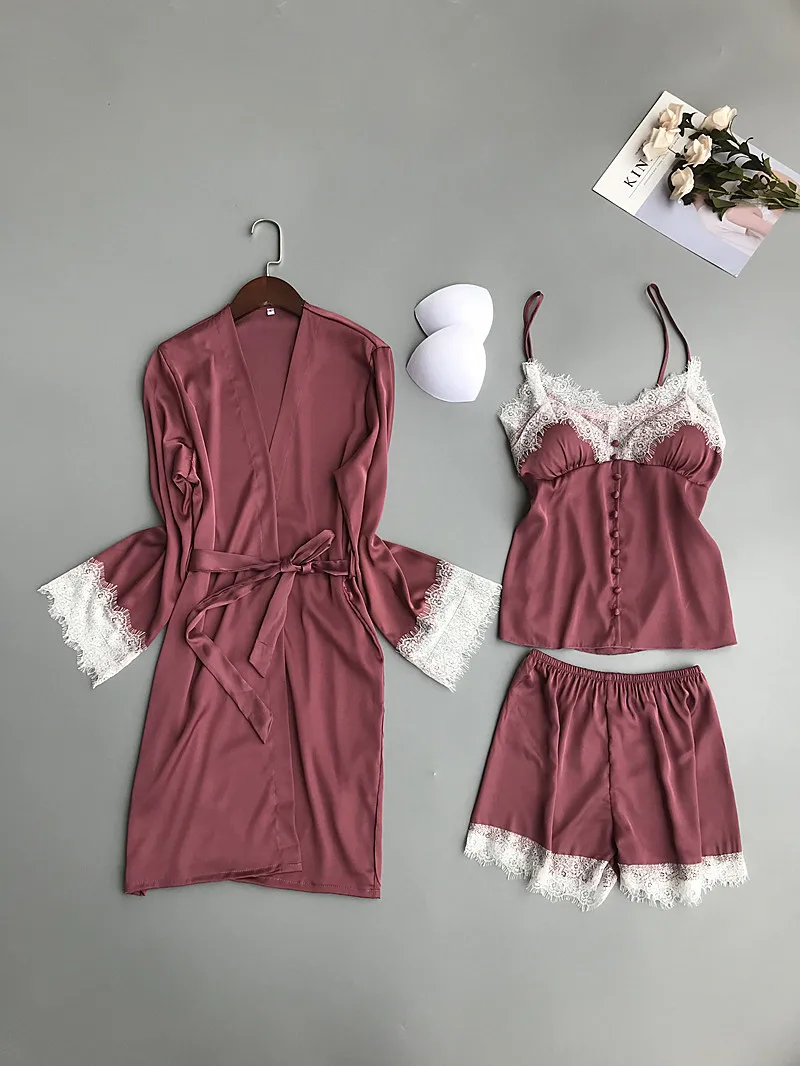 

Casual Female Sleep Set Home Clothes With Shorts Sexy Lace Women 3PCS Pajamas Set Satin Pajmas Suit Soft Silky 3PCS Sleepwear