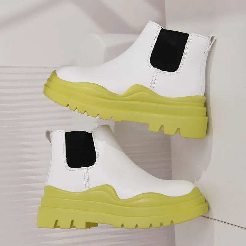 

2022 Winter New Thick-soled Chelsea Boots Leather Designer Women's Boots Round Toe Non-slip Fashion Short Boots Botas De Mujer