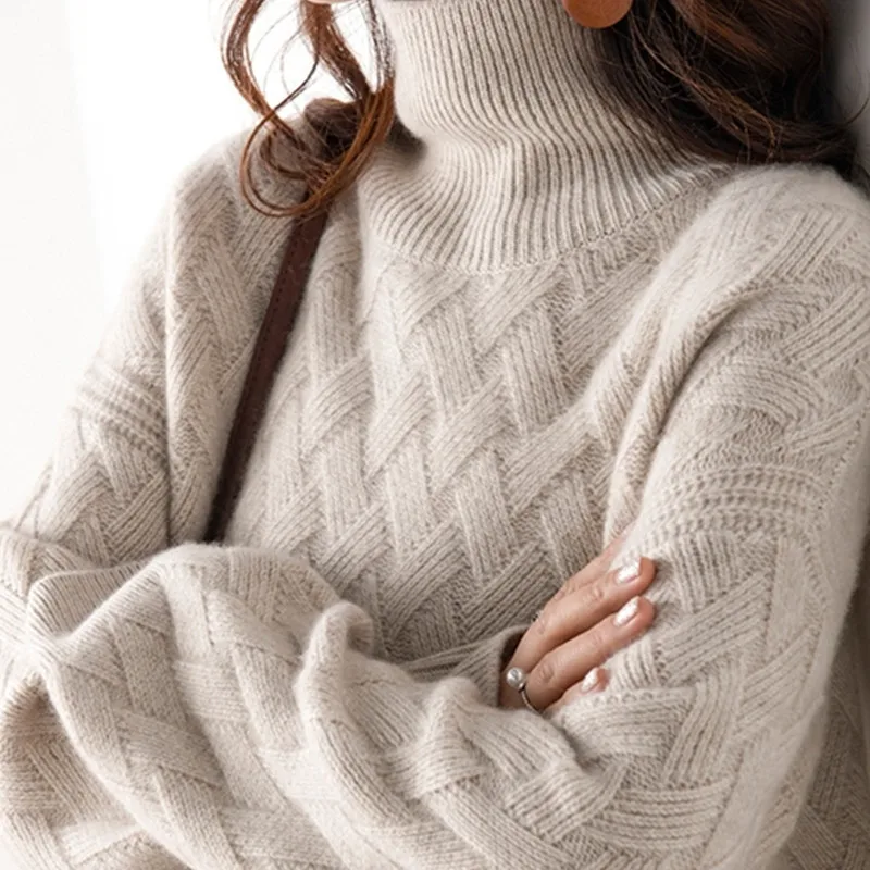 Winter Thicker 100% Pure Wool Knitted Sweaters Women Turtleneck Full Sleeve Loose Pullovers Female Warm Clothes