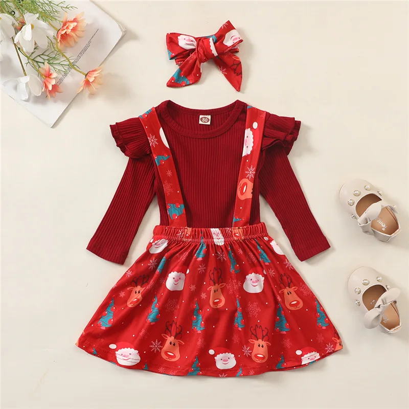 

6M-5T Baby Girls Crew Neck Snowflake Santa Claus Elk Festival Tree Suspender Skirt Children Christmas Three-Piece Bow Headband