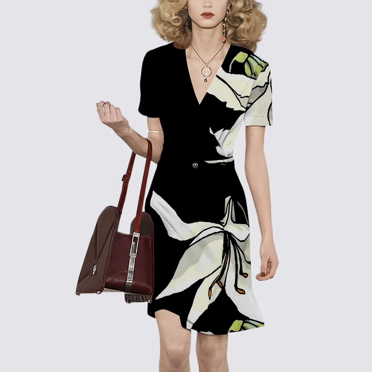 

European and American style V-neck printed dress in summer 2021 new style short-sleeved mid-waist slim A-line skirt trend