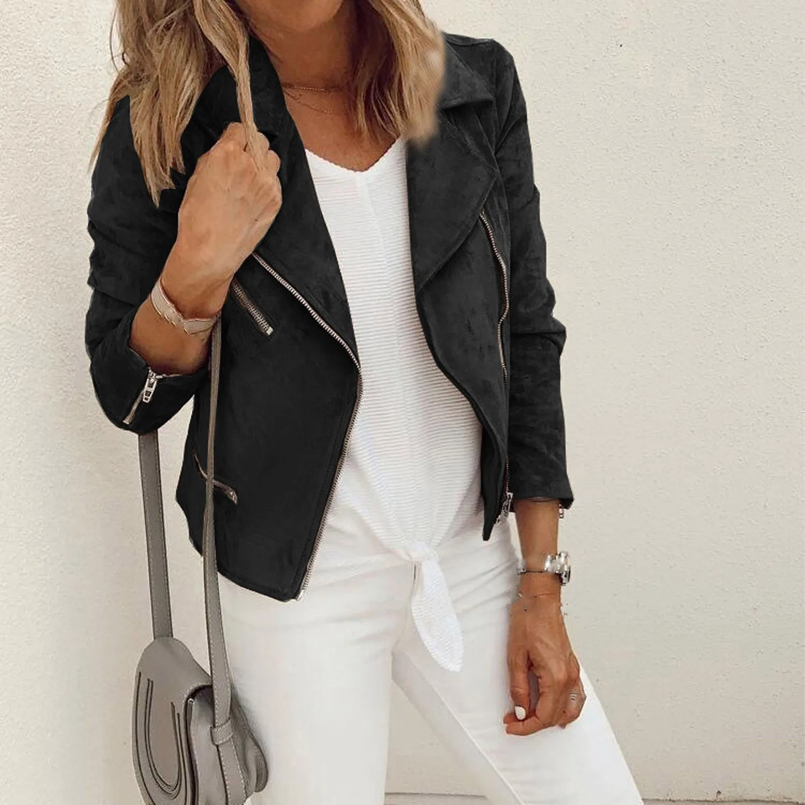 

2021 New Fashion Woman Motorcycle Coat Autumn Winter European Lapel Long Sleeve Short Jacket Slim Biker Zip Plus Size Overcoat